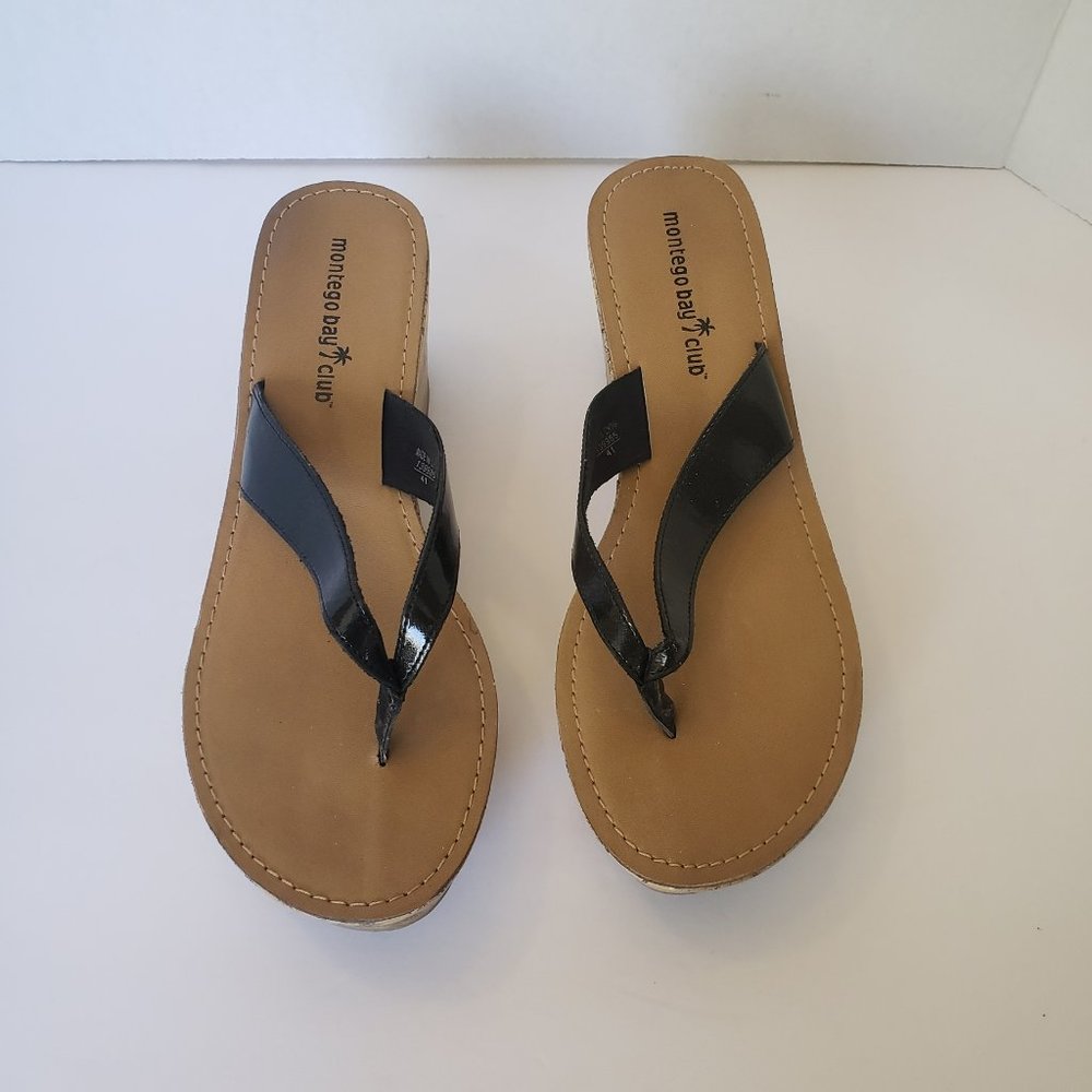 Montego Bay Club Cork Wedge Thong Flip Flop Sandal Black Size US 8